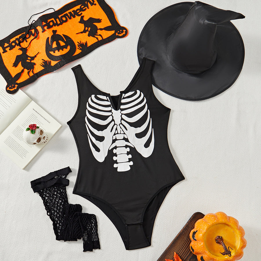 Sexy Skull Print Jumpsuit Costume Set