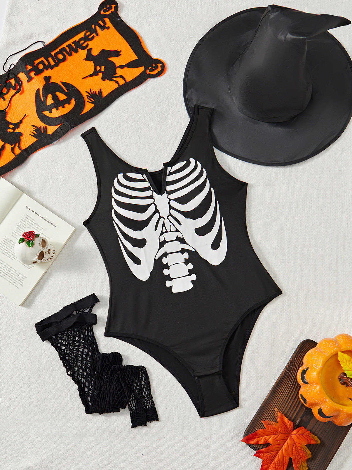 Sexy Skull Print Jumpsuit Costume Set