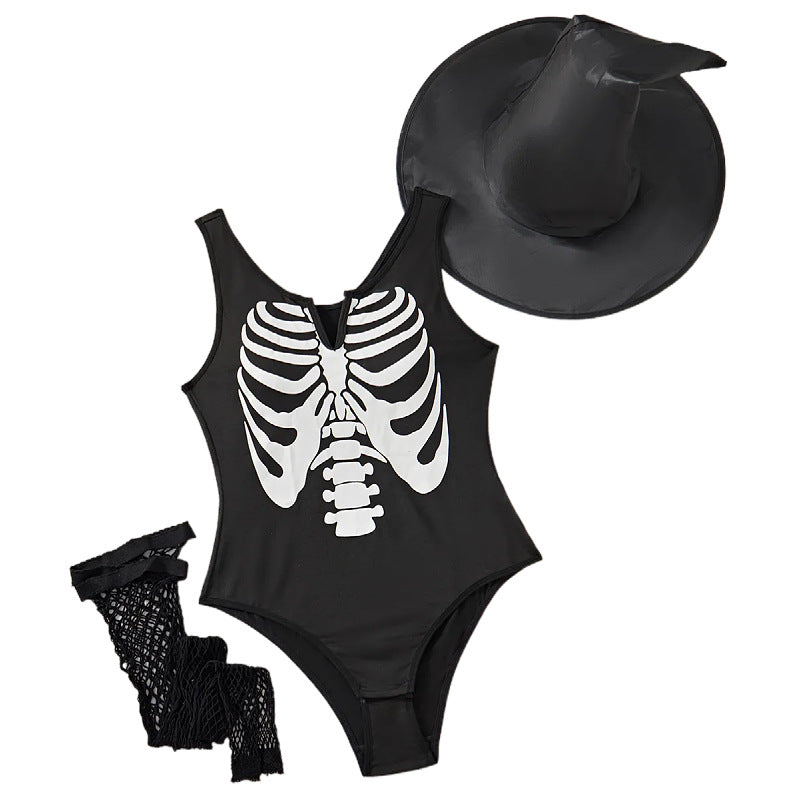 Sexy Skull Print Jumpsuit Costume Set